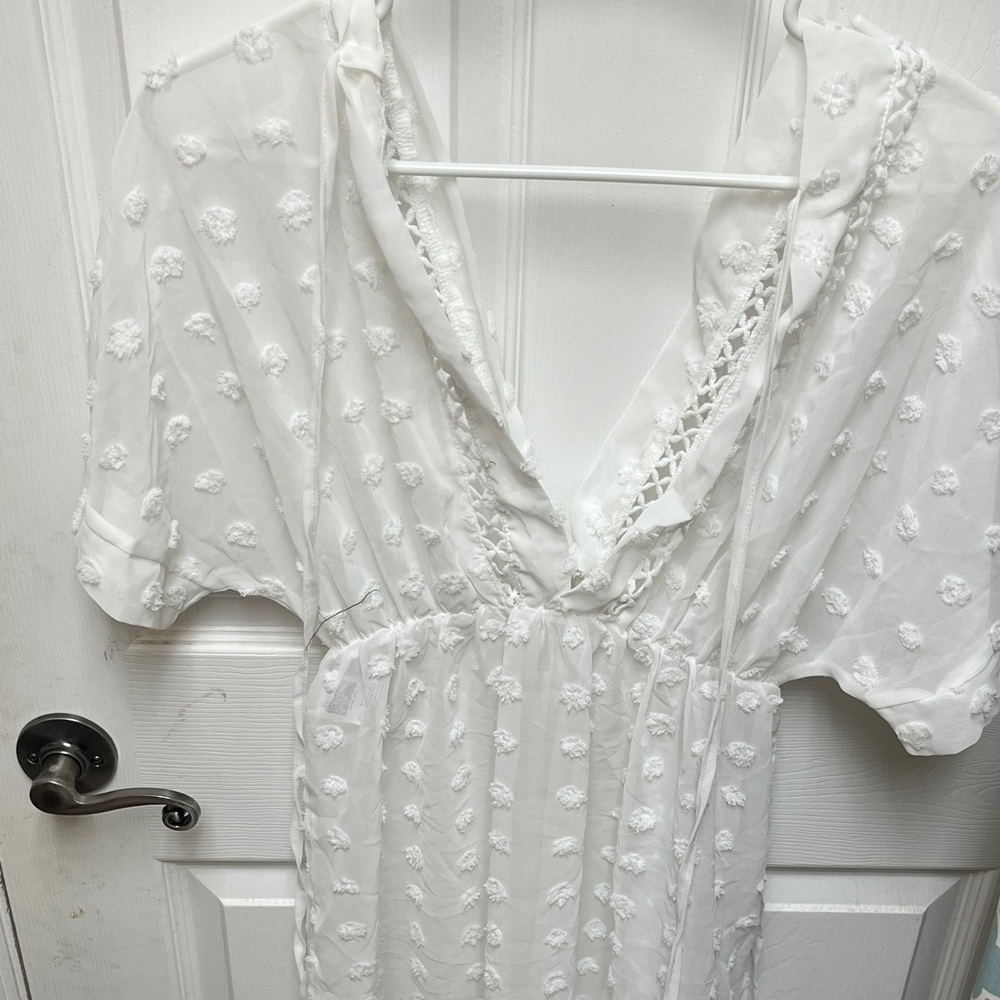SHEIN White Textured V-Neck Swim Coverup